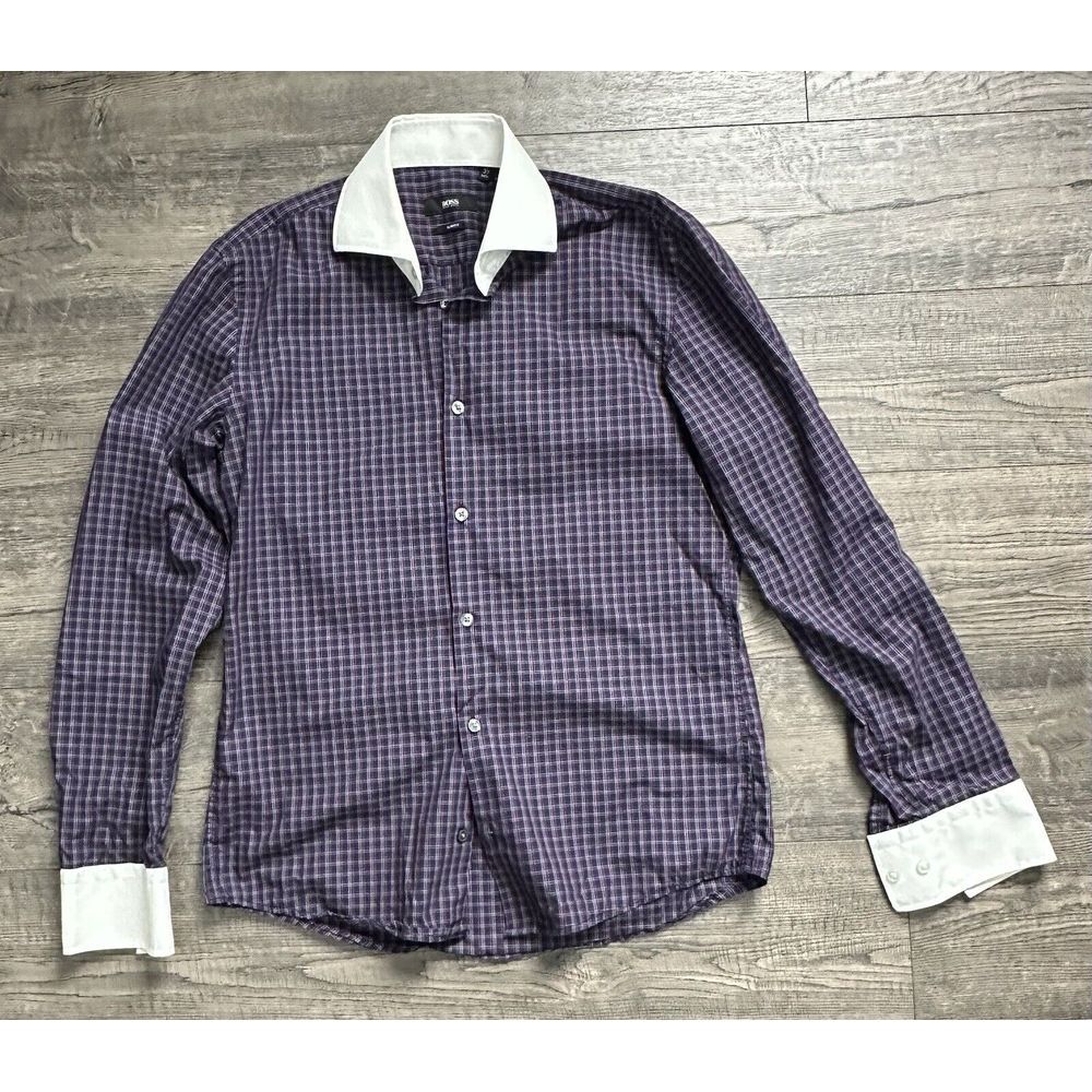 Hugo Boss Multicolor Purple Plaid Long Sleeve Button Up Shirt Size 37‎ Slim Fit